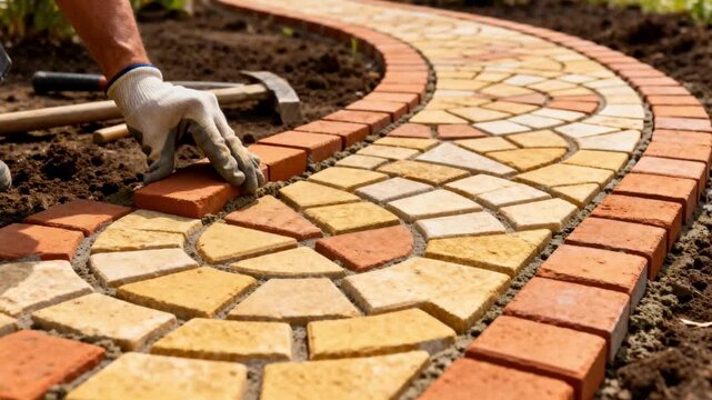Detailed medium shot capturing the alignment process of decorative bricks forming intricate interlocking patterns for a stylish garden path.