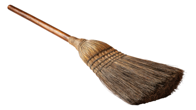 Traditional rustic broom made of natural straw with wooden handle isolated on transparent background