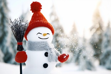 Cheerful Snowman in Red Hat Playing with Snowflakes in Winter Forest