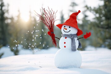 Cheerful Snowman in Red Hat Playing with Snowflakes in Winter Forest