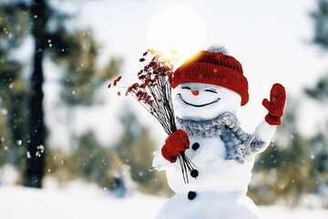 Cheerful Snowman in Red Hat Playing with Snowflakes in Winter Forest
