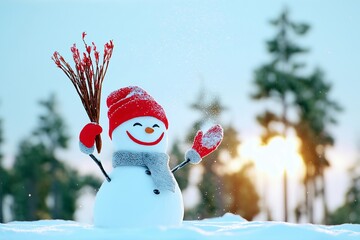 Cheerful Snowman in Red Hat Playing with Snowflakes in Winter Forest