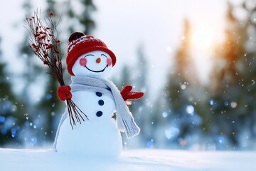 Cheerful Snowman in Red Hat Playing with Snowflakes in Winter Forest