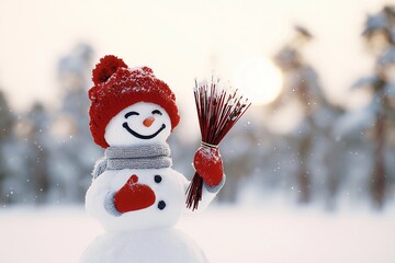 Cheerful Snowman in Red Hat Playing with Snowflakes in Winter Forest