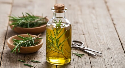 Clear glass bottle of golden rosemary infused oil with fresh sprigs rosemary oil essential oil