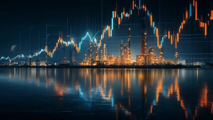 Illuminated industrial skyline with financial data overlay, showcasing energy and technology at night - Powered by Adobe