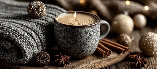 Cozy winter still life with candle in coffee cup, ornaments, cinnamon sticks, and scarf