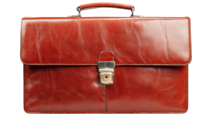 Elegant brown leather briefcase with metal clasp isolated on transparent background for business and professional themes