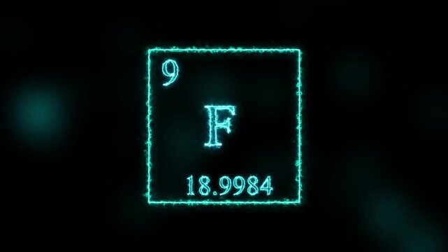 Fluorine - periodic table element symbol hologram, chemical element Periodic Table, weight element number on black background 4K video animation