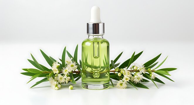 Green oil in dropper bottle with white flowers and green leaves essential oil tea tree oil