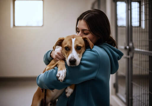 Caring young woman holds and hugs a rescued shelter dog in her arms, looking directly at the camera. Emotional bond and adoption moment in a kennel.