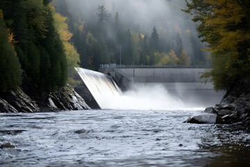 Hydroelectric dam with rushing water and surrounding forest powerful flow and natural beauty