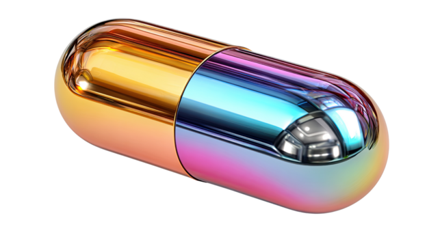 Metallic Capsule: A close-up view presents a unique metallic capsule with a shimmering, iridescent surface, showcasing an array of colors and a sleek design.