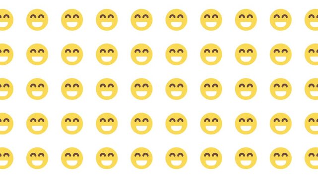 Repeating pattern of yellow smiling face emojis on white, ideal for social media posts, digital backgrounds, or cheerful designs.