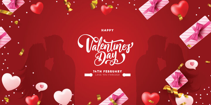 Red card happy valentines day bright hearts gift boxes and romantic couple background