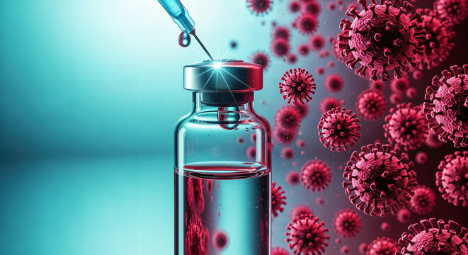 Vaccine development, Syringe injecting a dose into a glass vial with serum against floating red coronavirus (COVID-19) cells in a high-tech lab environment.