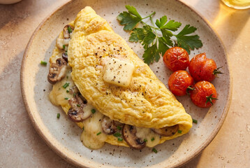 Traditional French omelet with cheese, mushrooms and butter, topped with sun-dried tomatoes