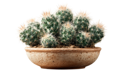 Cluster of round green cactus plants in rustic ceramic pot on isolated transparent background