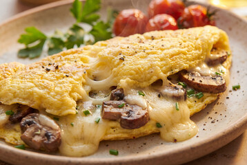 Traditional French omelet with cheese, mushrooms and butter, topped with sun-dried tomatoes