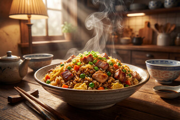 Traditional Asian food, fried rice with meat and vegetables