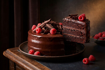Chocolate cake with raspberries
