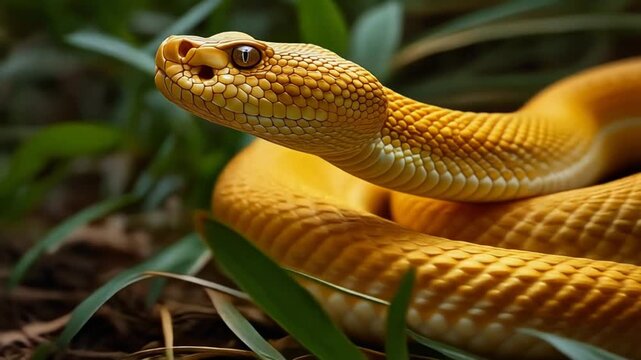 Stunning close-up of a vibrant golden snake coiled in lush green foliage, showcasing nature's beauty