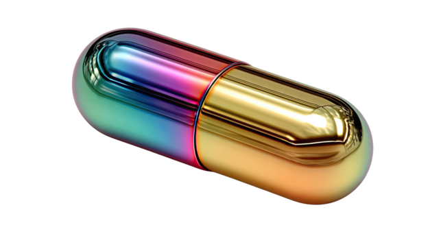 Rainbow Capsule: A vibrant capsule, meticulously crafted with an iridescent finish, reflects a spectrum of colors, symbolizing health and innovation.
