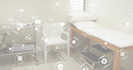 Showing wooden-framed examination table on right in clinic room, with sheet pillow trolley icons