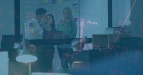 Planning three staff in business attire reviewing sticky notes on glass at office, tablet and lamp