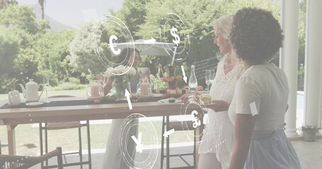 Holding plates, senior white-lace and friend white-blue choosing at patio buffet, with HUD symbols