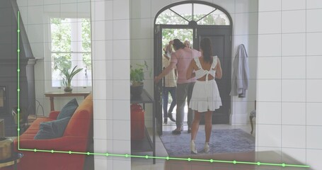 Standing woman in white dress facing open arched door at entryway, blue rug and analysis overlay