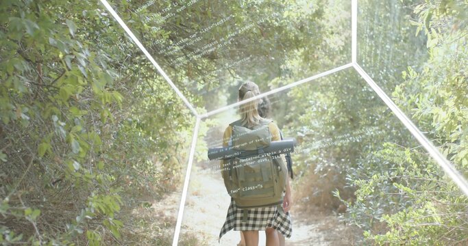 Walking hiker in cap, waist-tied checkered shirt with pack and mat on trail, hex-grid code overlay