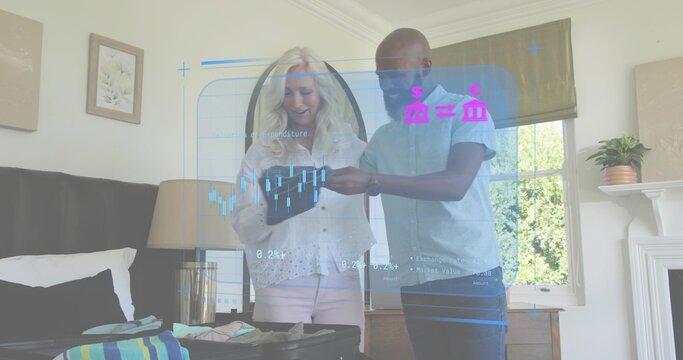 Consulting tablet, man in blue shirt, woman in white blouse packing suitcase on bed, AR overlay