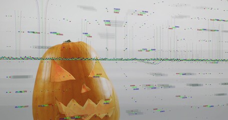 Sitting carved jack-o'-lantern resting on desk in studio, with digital glitch artifacts, copy space