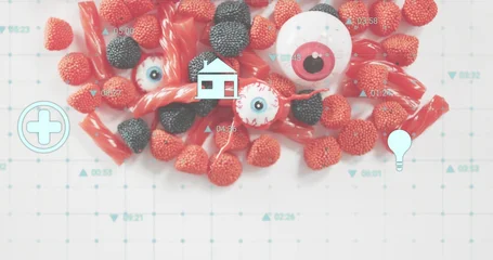 Fotobehang Vlees Showing candy cluster on faint blue grid, with red raspberries, licorice, two eyeballs, cyan icons  © vectorfusionart
