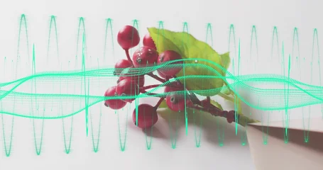 Fotobehang Vlees Displaying short stem with glossy red berries resting on pale tabletop, with cyan waveform overlay  © vectorfusionart