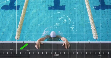 Gripping swimmer holding pool edge in center lane, wearing white swim cap with measurement overlay