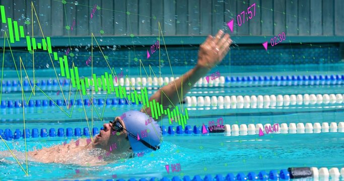 Swimming athlete powering freestyle stroke in lap pool with blue cap, goggles, green chart overlay