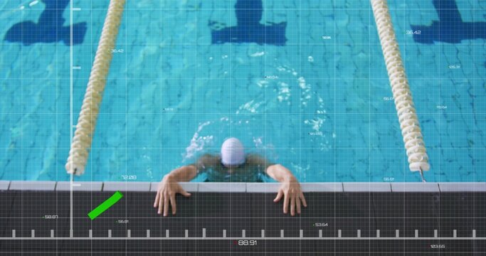 Gripping swimmer holding pool edge in center lane, wearing white swim cap with measurement overlay