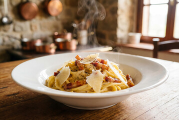 Traditional carbonaro pasta with bacon and cheese