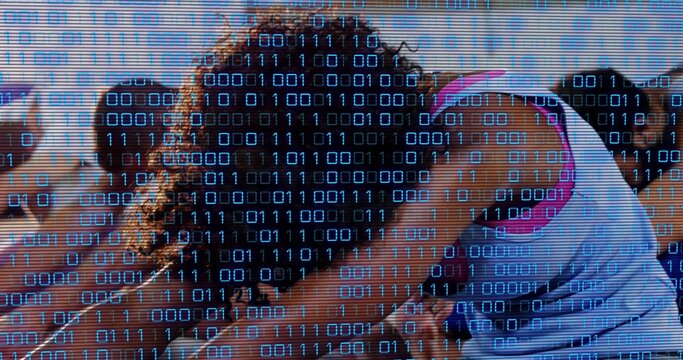 Leaning woman wearing white tanktop with pink strap, resting on mat in gym with binary overlay - Powered by Adobe
