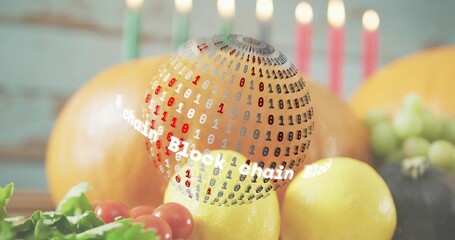 Floating digital sphere showing Blockchain binary code above wooden tabletop, lemons grapes candles