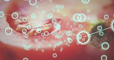 Showing teal network overlay on macro strawberry close-up, with big icon nodes and connecting lines