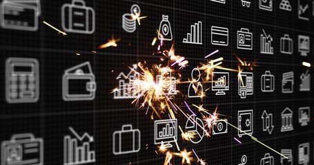 Sending golden sparks from centered spark cluster over dark grid display with finance icons