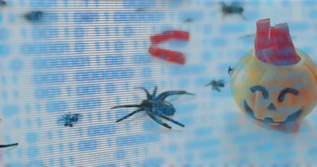 Fotobehang Vlees Sitting orange jack-o'-lantern right of grid, showing binary, spiders, red candy, copy space  © vectorfusionart