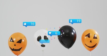 Floating pumpkin, ghost and black balloons drifting across gray backdrop with notification icons