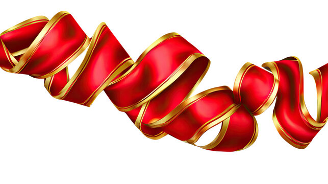 Crimson Elegance: A swathe of luxurious, spiraling red ribbon, edged with a glimmering gold trim, curls and flows with graceful movement.