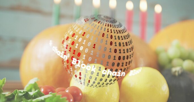 Floating digital sphere showing Blockchain binary code above wooden tabletop, lemons grapes candles