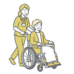 車椅子に乗った高齢者を移動介助する介護士のイラスト