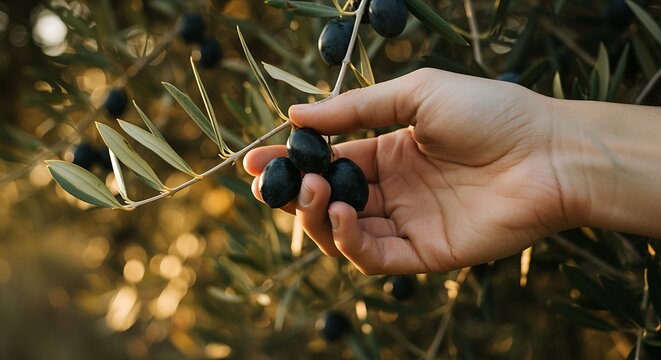 Hand picking ripe black olives from a branch in golden sunlight image - Powered by Adobe